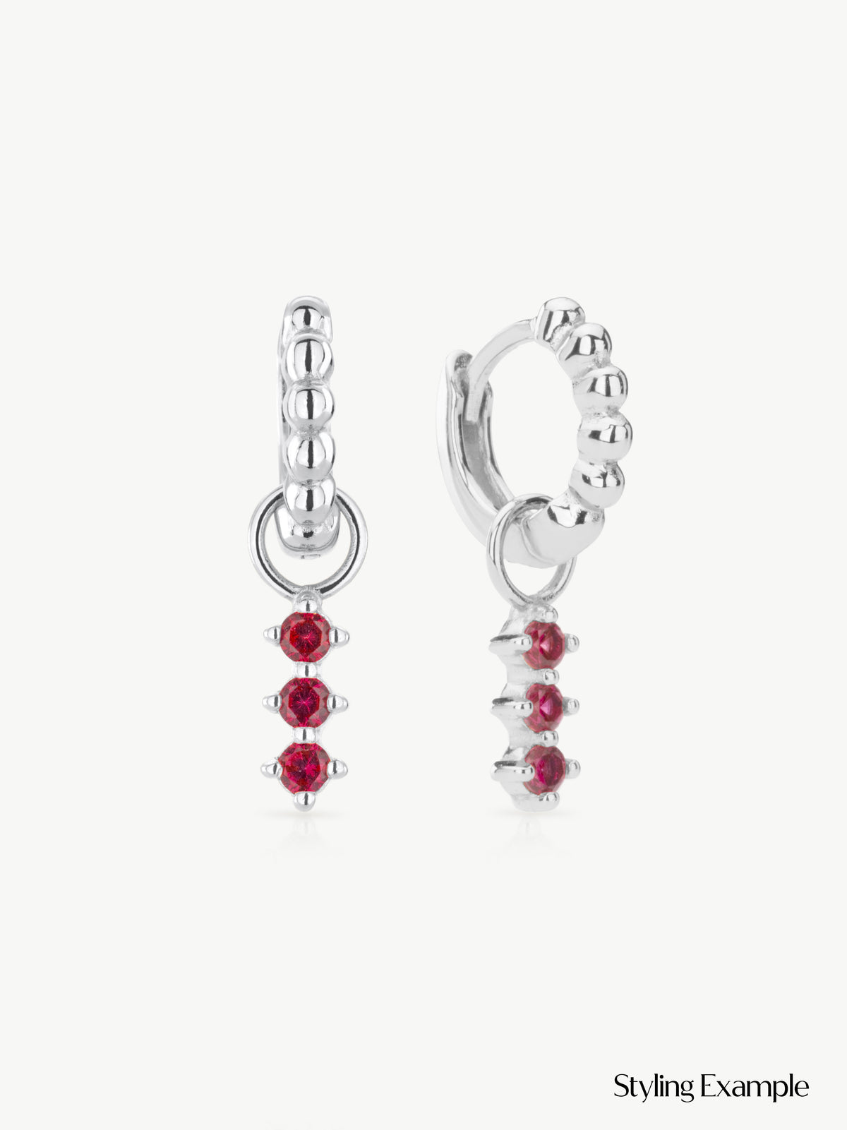 Lab Ruby Triple Earring Charm in Sterling Silver on beaded huggie hoops