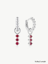 Lab Ruby Triple Earring Charm in Sterling Silver on beaded huggie hoops