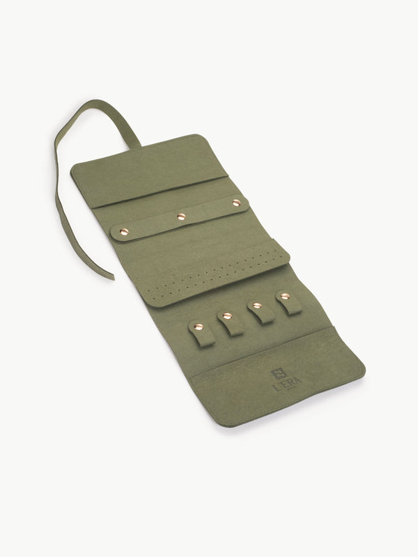 roll up jewellery organiser in dark green