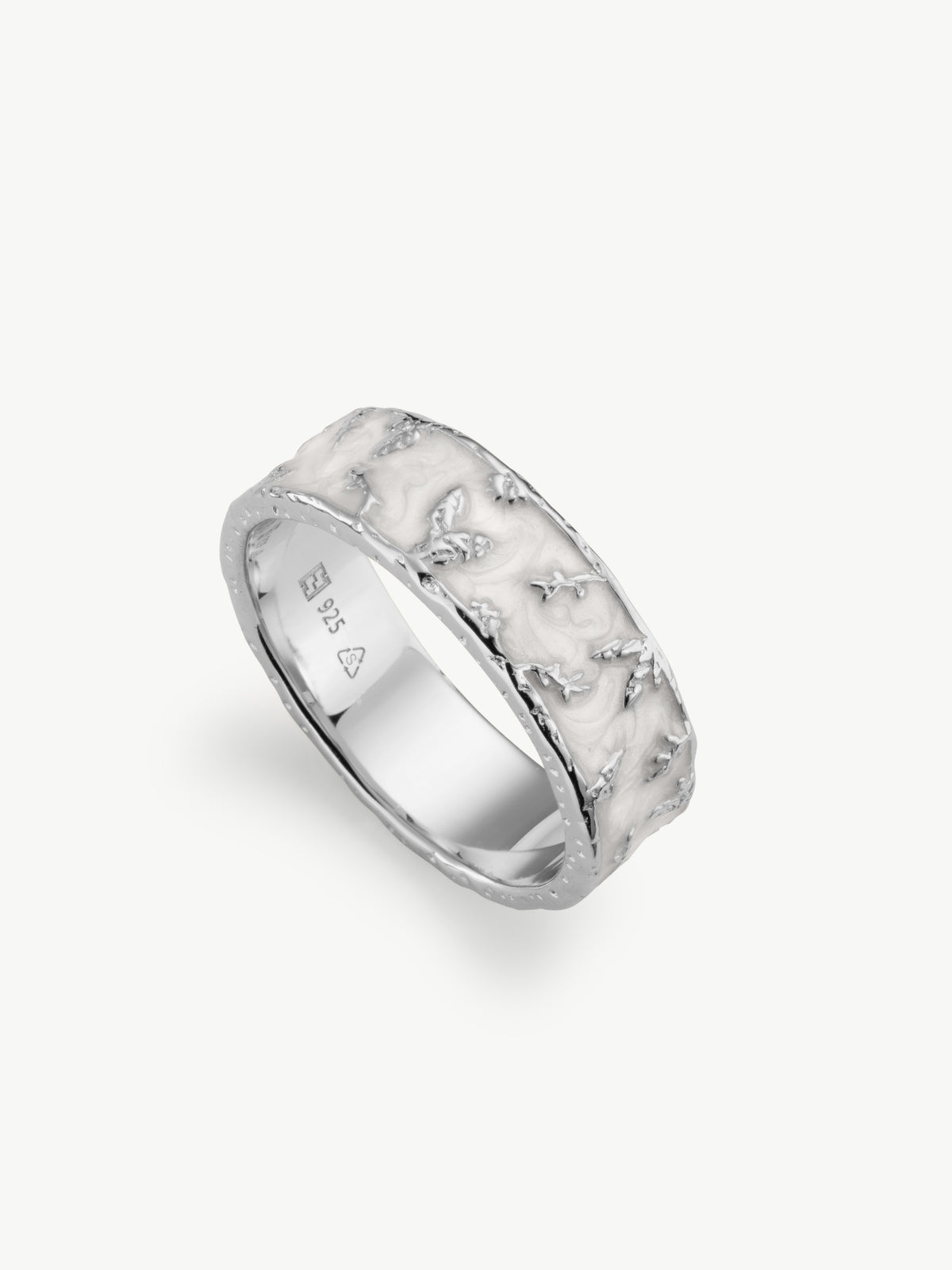 Flora enamel ring with leaf detail in sterling silver