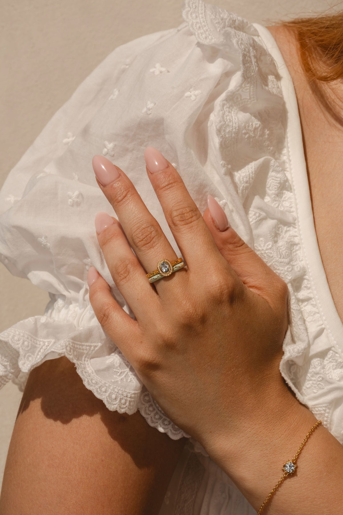 Model wearing Daphne Aquamarine regency style ring gold vermeil