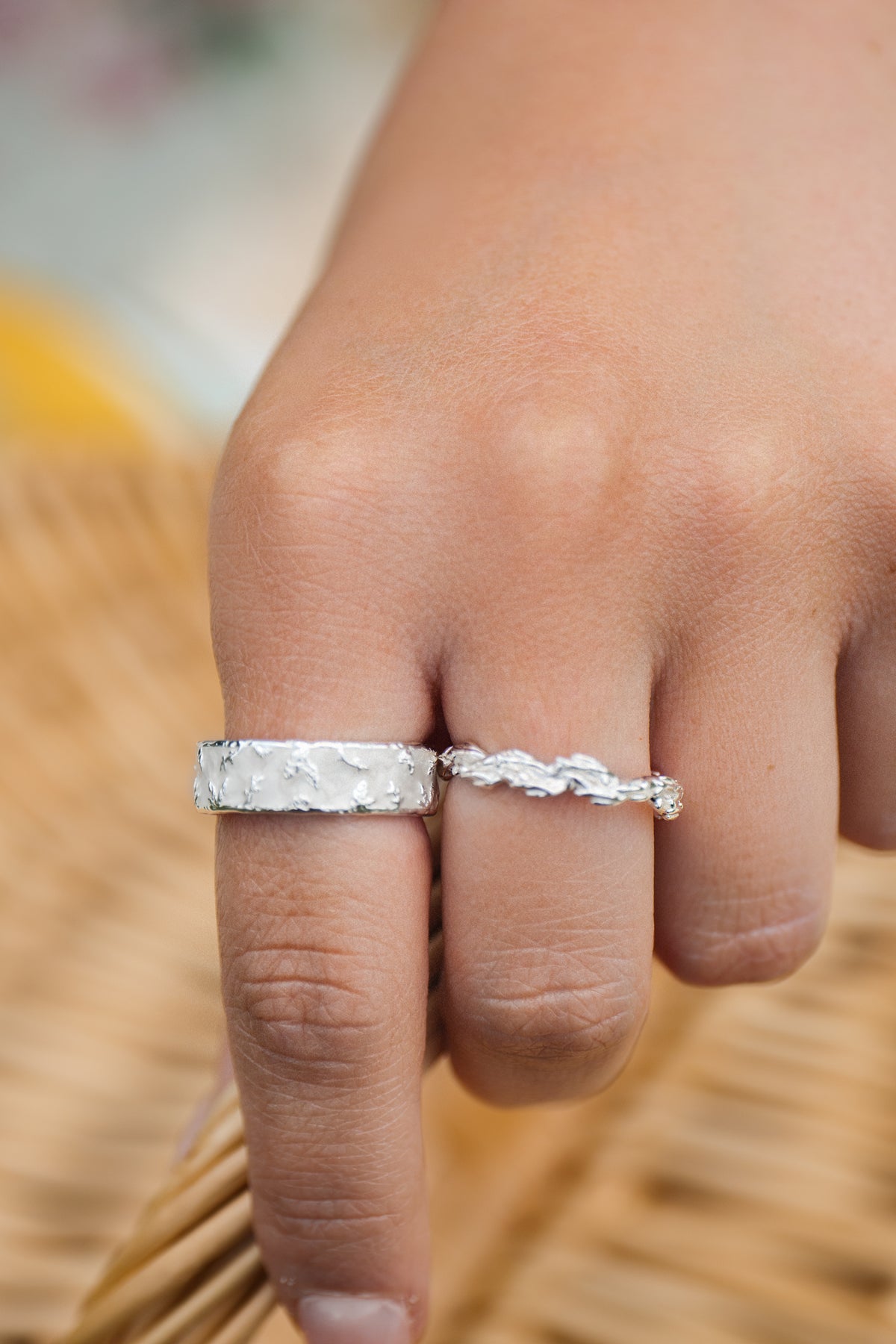 Flora enamel ring with leaf detail in sterling silver