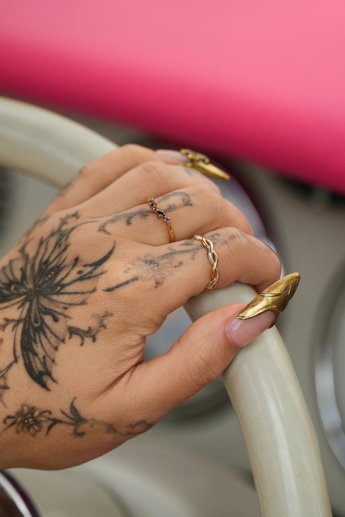 Lab-grown Sapphire wishbone ring  worn by Talia Mar