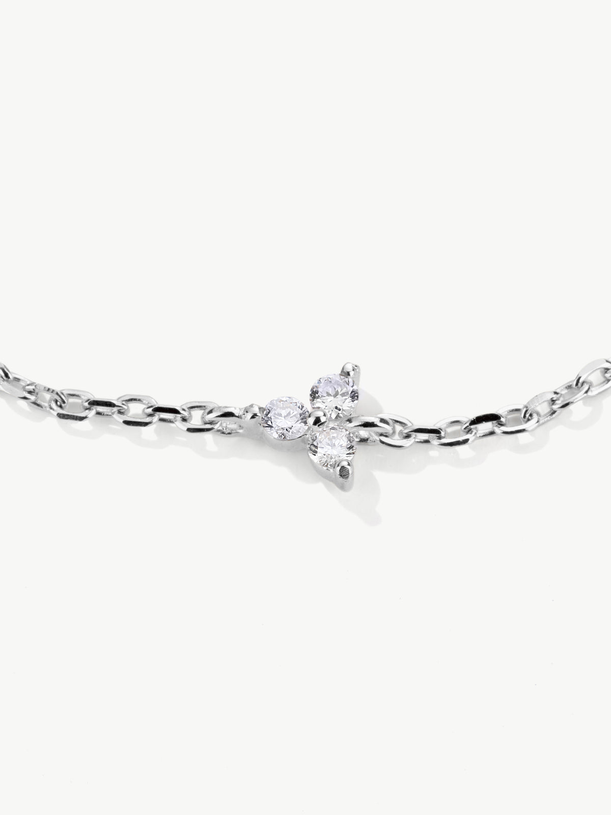 Close up of lab grown diamond Trinity Bracelet in sterling silver
