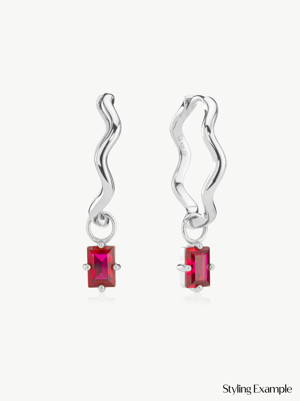 Wave hoop earrings with Ruby Baguette Earring Charms