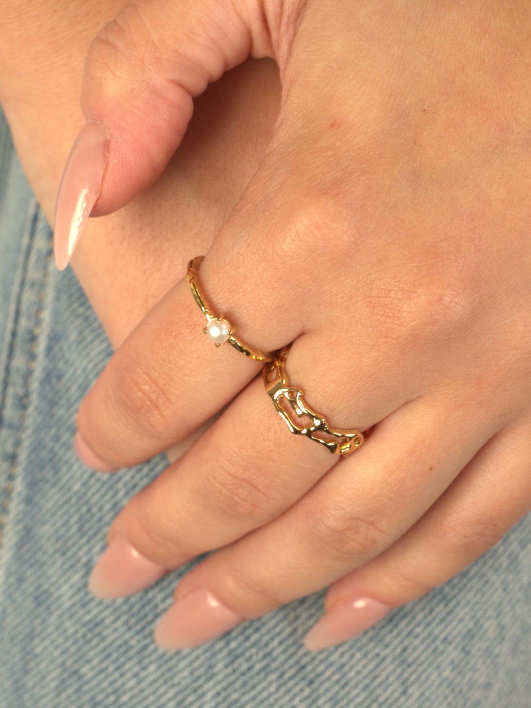 Giovanna Freshwater molten pearl ring and intricato ring in gold vermeil