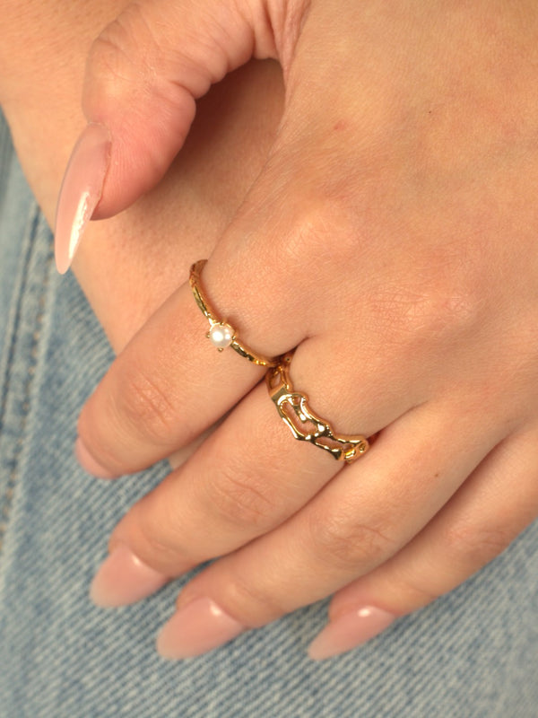 Giovanna Freshwater molten pearl ring and intricato ring in gold vermeil