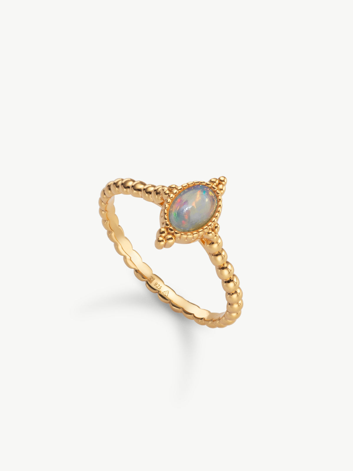Beaded opal ring 3/4 angle in 18ct gold vermeil